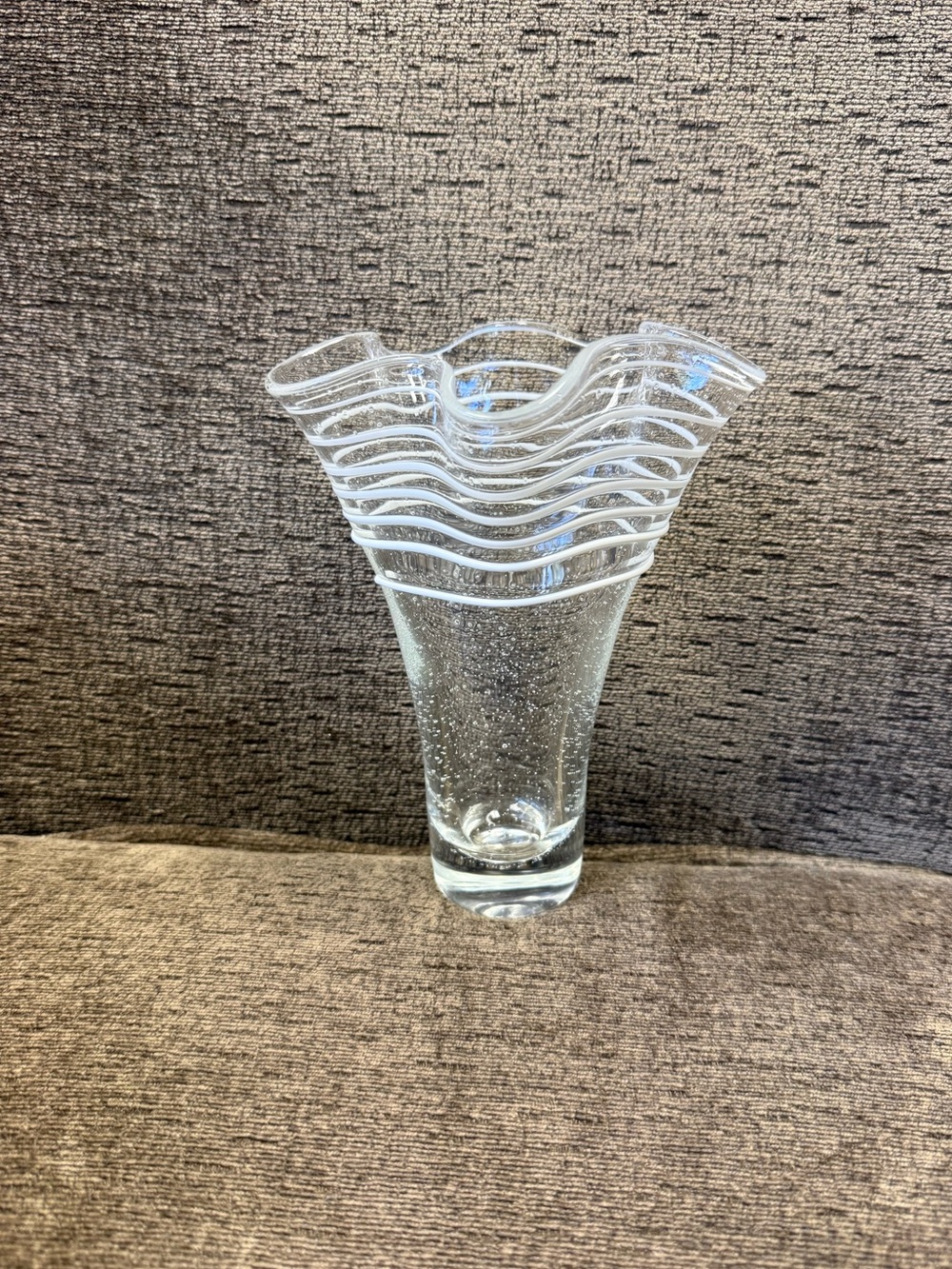 Blown Art Glass Trumpet Handkerchief Vase Clear Bubbles Applied White Rigaree